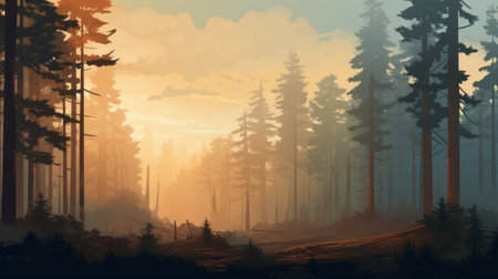 an autumn forest illustration featuring post-apocalyptic landscapes with trees and a minimalist background. this 32k uhd artwork, created by the talented artist loish, showcases a unique style and captures the essence of a woodsy atmosphere. this commissioned piece is a stunning example of artistry with rtx on. ai generatedの素材
