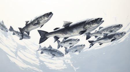a group of fish gracefully swim beneath a cloud in this hyper-realistic animal illustration by john larriva. the artwork, done in light silver and light navy tones, captures the serene beauty of the underwater world. inspired by the speedpainting technique, this monochromatic piece evokes a sense of tranquility reminiscent of clarence gagnon's work. scott rohlfs' influence can also be seen in the attention to detailの素材