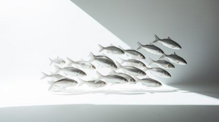 white fish swimming in a running path, captured in the style of nadav kander. this conceptual installation art piece showcases a juxtaposition of light and shadow, with a focus on the interplay of light silver and bronze tones. the photograph utilizes focus stacking techniques and is reminiscent of tabletop photography. inspired by the works of toyo ito. ai generatedの素材