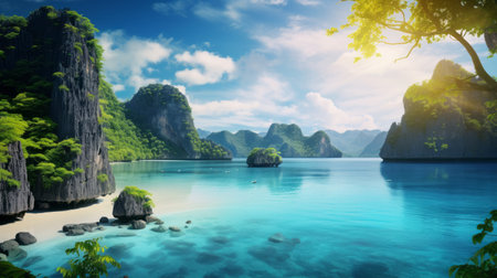 the photo showcases a stunning island with white sandy beaches and crystal blue waters. the image is captured in the style of vray tracing, giving it a realistic and visually appealing look. the scenery is asian-inspired, featuring mountainous vistas and romantic riverscapes. the digitally enhanced image highlights the dark turquoise hues of the sea and the vibrant, sun-soaked colors of the surroundings. ai generatedの素材