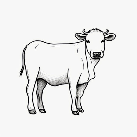 a minimalist one-line drawing of a realistic cow, featuring a single continuous black line on a clean white background. the figure outline captures the simplicity and minimalistic style of one-line drawings, showcasing clean and precise lines. ai generatedの素材