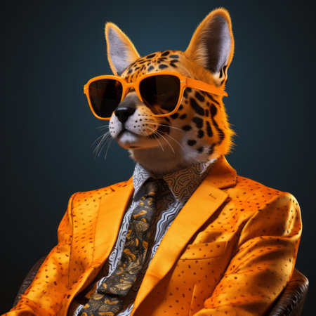 a leopard wearing sunglasses in a suit, showcasing a clever wit and stylish costume design. this orange-hued, bunnycore-inspired image, created in the style of zbrush, captures a pop-inspired aesthetic. the high-resolution uhd quality of the image enhances the intricate details of the leopard's attire and adds to its overall visual appeal. ai generatedの素材