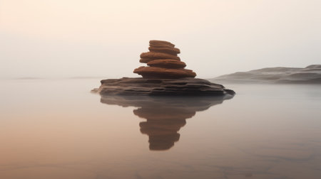 conner coffin gazes into the ocean, shrouded in morning fog. the photo captures a sense of motion with a panoramic blur effect. the scene is reminiscent of traditional british landscapes, featuring a palette of light beige and green. the composition exhibits elements of minimalistic symmetry, while the warm tonal range and rim light add depth and dimension. ai generatedの素材