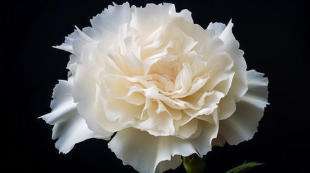 a white carnation flower stands out against a dark background, showcasing the richly layered and gothic romanticism style. the contrasting light black and light beige colors create a bold chromaticity. the overall composition exudes an elegant and emotive atmosphere, reminiscent of poetcore and arabesque influences. ai generatedの素材