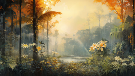 tropical forest jungle foliage hd wallpaper featuring the naturalistic depictions of flora and fauna. this desktop wallpaper, inspired by the style of cyril rolando and dmitri danish, showcases a vibrant mix of yellow and white, light blue and amber colors. the ink-wash landscape captures the essence of a late 19th-century jungle, creating a stunning visual experience. ai generatedの素材