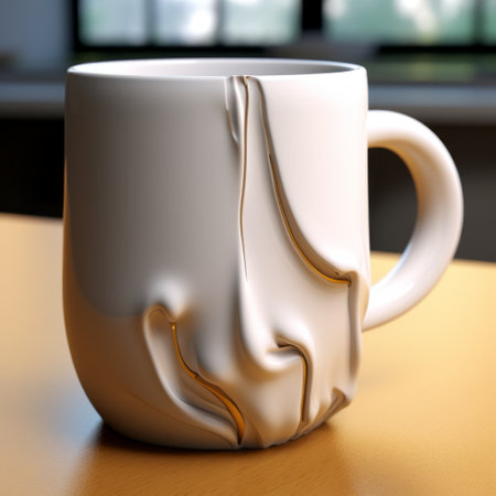 a white cup with a silver handle is placed on a table. the cup is designed in the style of zbrush, featuring flowing textures and innovative techniques. the design is characterized by a distorted and fractured appearance, creating a warmcore effect. the use of photo-realistic techniques enhances the cup's light yellow and light bronze colors. ai generatedの素材