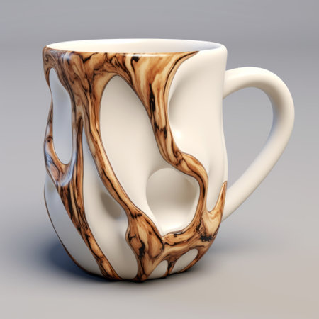 a 3d printed coffee mug featuring a swirled design reminiscent of distorted bodies. created using unreal engine 5, this unique mug combines the textures of wood and bone, resulting in a visually captivating piece. the mug showcases the use of traditional japanese artistic techniques while incorporating common materials, making it a truly one-of-a-kind item. ai generatedの素材