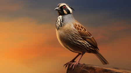 a bird perches on a wooden stump during a captivating sunset. this hyper-realistic portrait showcases a color palette of dark beige and amber, creating a saturated and lifelike depiction. the image captures the bird's strong facial expression with a touch of irony, reminiscent of xbox 360 graphics. ai generatedの素材
