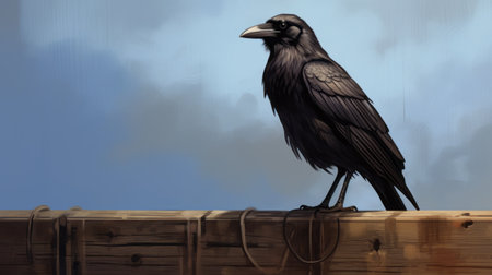 a black crow perched on a pole, depicted in a concept art style. this artwork captures quiet moments with a realistic color palette, reminiscent of necronomicon illustrations. the graffiti-inspired animal adds a unique touch to the overall composition, creating a captivating visual in the caninecore theme. ai generatedの素材