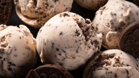 a delicious combination of ice cream, chocolate cookie, and candy beautifully presented in a dish. this macro photograph showcases the dark beige and silver tones, enhanced with icepunk and orton effect. the image captivates with its lush detailing and contrasting dark white and black elements, creating a unique yankeecore aesthetic. ai generatedの素材