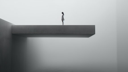 a girl standing on a slender platform, suspended high above the ground, surrounded by a surreal, minimalist environment. utilizing a minimal color palette, the image features shades of gray and a single striking accent color, emphasizing the stark contrast between the figure and the surrounding space. the photo evokes isolation, contemplation, and the exploration of existence within a vast and empty universe. ai generatedの素材