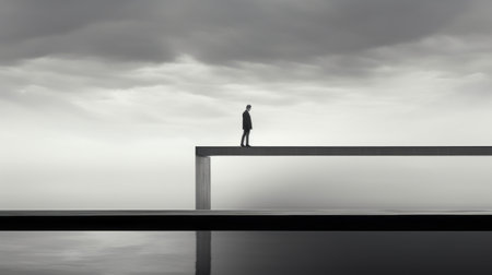 a group of individuals standing on a narrow platform, suspended above the ground in a minimalist environment. the image showcases a limited color palette, with shades of gray and a single accent color, highlighting the contrast between the figures and the empty space. it evokes feelings of isolation, contemplation, and self-exploration in a vast universe. ai generatedの素材