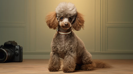 a stunning poodle breed poses gracefully in a captivating full body portrait. the national geographic award-winning photographer skillfully captures the poodle's gaze as it connects with the viewer. the photorealistic image showcases the poodle's elegance against a mesmerizing light background. this masterpiece was created using the exceptional sony alpha a9 ii camera and the sony fe 600mm f4 g master oss lens. ai generatedの素材