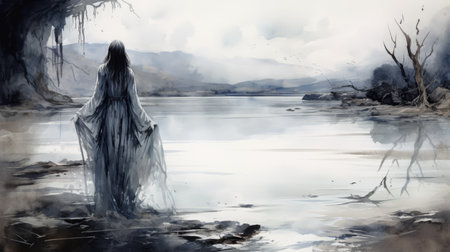 a person stands out of the water, holding a veil, in the style of an ink-wash landscape. the photo captures an epic fantasy scene with a combination of dark white and light azure colors. the image evokes the artistic influences of eve ventrue, anton semenov, dark reflections, and kinuko y craft. ai generatedの素材