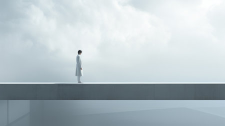 a doctor standing on a slender platform, suspended high above the ground, in a surreal, minimalist environment. the image features a minimal color palette, shades of gray, and a single striking accent color. the contrast between the figure and the surrounding space evokes isolation, contemplation, and the exploration of one's existence within a vast universe. ai generatedの素材
