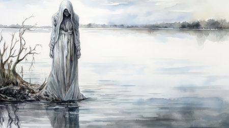 a witch, inspired by surrealistic horror paintings, sits at the edge of water, clutching a sword. the artwork is rendered in light gray and white, using luminous watercolors. the scene is dramatic and somber, reminiscent of religious works with monumental figures. the illustration evokes the eerie atmosphere of necronomicon illustrations, all captured in stunning 8k resolution. ai generatedの素材