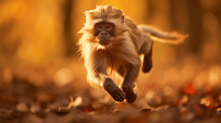 monkey running through the forest at sunset, captured in the mesmerizing style of macro photography. this stunning image, reminiscent of the dusseldorf school of photography, showcases the beige hues of the surroundings. a national geographic photo that beautifully combines the elements of baroque animals and furry art. shot with the exceptional canon eos 5d mark iv. ai generatedの素材