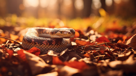 snake in the forest with leaves in the background, captured using a graflex speed graphic camera. this high-resolution, photo-realistic image showcases the snake's natural habitat, with a color palette featuring light beige, amber, light maroon, and orange tones. this stunning landscape photograph is available under a creative commons attribution license. ai generatedの素材