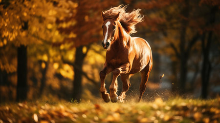 a brown horse gallops through the vibrant autumn forest of yirbet in this photorealistic representation. the uhd image captures the dynamic energy flow as the horse moves gracefully amidst the red and amber foliage. this national geographic photo showcases the beauty of nature and the horse's powerful presence in its natural habitat. ai generatedの素材