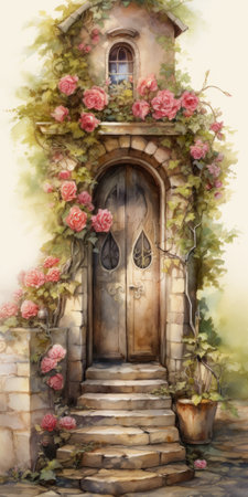 an enchanting watercolor-style postcard featuring an entrance tower adorned with an old green door and three stone steps. the scene is surrounded by vibrant red roses, creating a dreamy and rusticcore ambiance. the soft pink and beige hues add to the organic and cute aesthetic of this large-scale mural-like artwork. ai generatedの素材