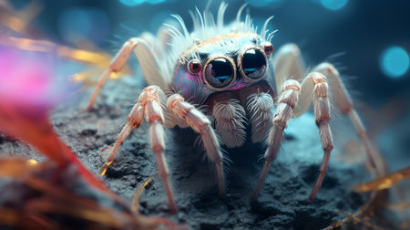 a white spider with pink eyes is captured in a field, resembling intricate underwater worlds. this hyper-realistic animal portrait, colorized in beige and azure, showcases the characterful features of the spider. rendered in cinema4d with a rangefinder lens, this illustration is a stunning example of detailed animal artwork. ai generatedの素材