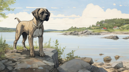 a brown dog stands near a serene lake, with majestic grassy mountains serving as a picturesque backdrop. the scene is captured in the style of architectural illustrator, grisaille, detailed comic book art, coastal and harbor views, contemporary canadian art, and detailed character illustrations. the photograph was taken using a hasselblad h6d-400c camera. ai generatedの素材