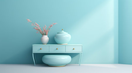 light blue vases, in the style of oriental minimalism, are displayed on a white stand. the photorealistic rendering captures the grandiose color schemes of dark pink and light emerald. these jazzy interiors exude classic japanese simplicity, with a traditional color scheme. ai generatedの素材