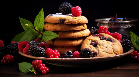 a stack of four bite cookies sits on a plate, adorned with fresh berries. this rustic naturalism-inspired image showcases bold, colorful, and large-scale elements. the softbox lighting creates a captivating contrast between the dark purple and black hues. with its uhd resolution, this image captures precise detailing, making it perfect for webcore aesthetics. ai generatedの素材