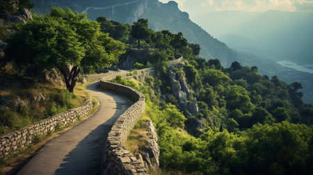 stone path on the side of the mountain, reminiscent of the charming french countryside. spectacular backdrops and delicately rendered landscapes create a national geographic-worthy photo. intense lighting and shadow add depth and intrigue to the scene. the path seems to outrun the eye, dotted with stones along its winding journey. ai generatedの素材