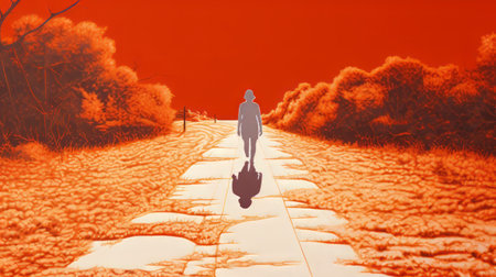 a person walking in the forest is captured in this hyperrealistic portrait. the dark orange and light bronze tones create a sense of suburban ennui, while the light red and silver accents add a touch of pop art minimalism. the perspective rendering and heatwave atmosphere enhance the overall effect of this captivating image. ai generatedの素材