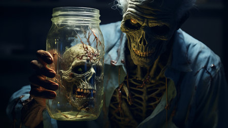 a person holding an open jar of and a zombie in the dark, depicted in a photorealistic style with vray tracing. the image showcases intricate details inspired by the artistic styles of jim lee and marcin sobas. the zombie is depicted with skeletal features, while the person is holding the jar made of wire. the use of photo-realistic techniques enhances the overall realism of theの素材