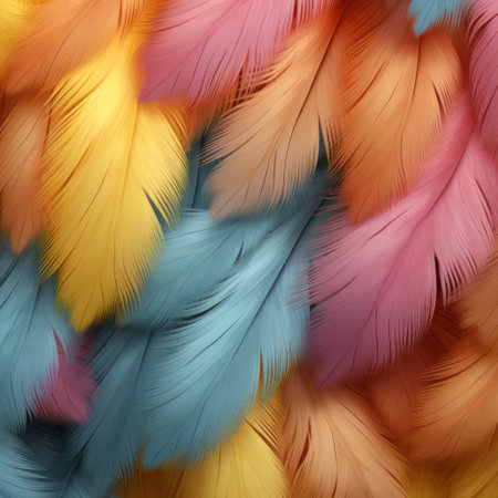 a vibrant display of feathers, reminiscent of jessica drossin's style, created using cinema4d. this nature-inspired composition showcases a colorful background with soft variations of color. the intricate brushwork and detailed texture add depth and visual interest to the image. ai generatedの素材