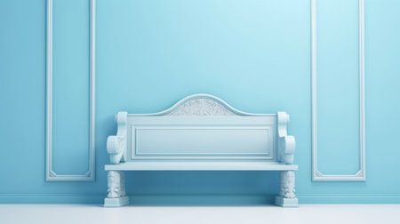 blue painted bench with columns in the background, rendered in 3d. this rococo-style piece showcases pastel colors, monochrome interiors, and traditional craftsmanship. the light blue and white color scheme, intricate carving, and matte finish add to its elegance. inspired by the works of william stanley haseltine. ai generatedの素材