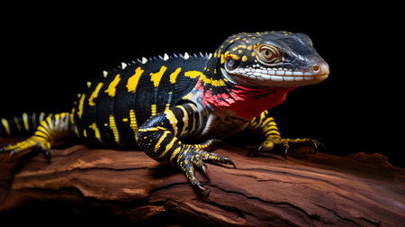 a yellow and black lizard is seen relaxing on a tree branch, showcasing vibrant colors reminiscent of dark emerald and crimson. the image captures the essence of brushstroke-intensive portraits with its bold patterns and zigzag-like markings. the softbox lighting adds depth and character to this captivating animal portrait, creating a visually striking composition. ai generatedの素材