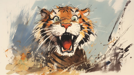 a cartoon tiger, inspired by post-impressionism, gazes upwards in a meditative pose. the artwork showcases unconventional and twisted characters, with spiky mounds and a 1970s vibe. the style is characterized by pulled, scraped, and scratched techniques, adding depth and texture to the image. ai generatedの素材