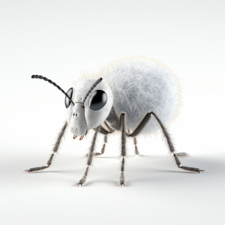 a white bug with long black legs is captured in this rendered image created in cinema4d. the bug's furry art style and molecular appearance make it visually intriguing. its shiny eyes add a touch of realism to the overall design. this industrial and product design-inspired photo showcases a combination of light white and light indigo tones. this associated press photo is a captivating representation ofの素材