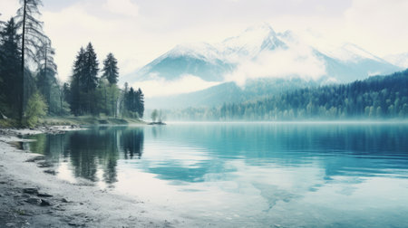a serene lake surrounded by lush green mountains and trees, captured in the style of cross processing. the scene is framed by clouds and a misty horizon, creating a dreamy and romantic atmosphere. this photo embodies the essence of german romanticism, cabincore, and moody tranquil scenes, with its light turquoise and light azure hues. ai generatedの素材
