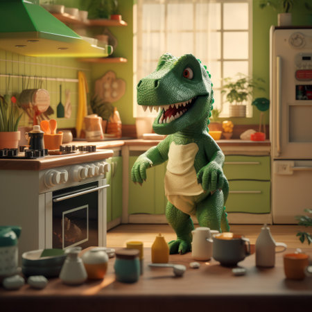 a playful green toy dinosaur, inspired by the style of raphael lacoste, strolls through the kitchen in this 8k resolution image. with its playful character design and crosshatched shading reminiscent of mike campau's work, this advertisement-inspired scene tells a whimsical story. ai generatedの素材