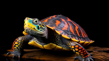 a small colorful turtle is captured on a wooden board in this striking national geographic photo. the dark black and orange pop art-inspired style enhances the bold colors and patterns of the turtle. shot in 32k uhd resolution, the image showcases the intricate details of the turtle's shell. the long exposure technique adds a sense of movement and energy to the composition. ai generatedの素材