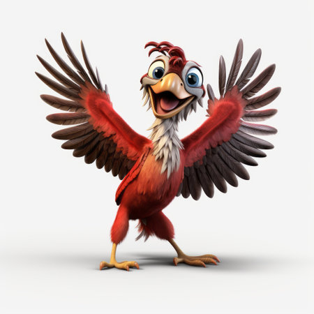 archaeopteryx dancing with a sausage in a pixar-style scene. the photo features a pure white background with dramatic lighting in light red and brown tones. the character is rendered in high quality, 8k resolution, resembling the distinctive style of alex ross. the image captures a theatrical and dynamic moment, showcasing the unique charm of the archaeopteryx. ai generatedの素材