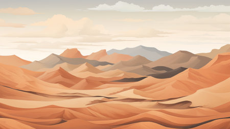 a photo of a desert landscape featuring sand dunes and hills, with clouds and mountains in the background. the image is rendered in a realistic style, showcasing soft, tonal colors such as light red and beige. the detailed shading adds depth to the scene, while the desertwave effect creates a richly detailed background. the overall composition is vibrant and illustrative, capturing the beauty of theの素材
