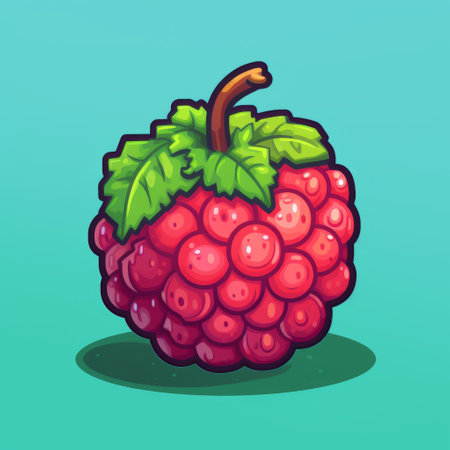 a colorful raspberry sits on a vibrant blue background, reminiscent of 2d game art. the highly detailed illustration showcases light maroon and green tones, along with symbolic props. the clean and sharp inking, heavy shading, and bold character designs make this artwork visually striking. ai generatedの素材