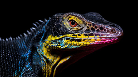 an iguana with vibrant, colorful eyes is captured in a close-up photograph. the image showcases the reptile's intricate details and mesmerizing gaze. the chiaroscuro portrait style, vray tracing technique, and black background add depth and intensity to the composition. this stunning national geographic photo by caras ionut features a captivating blend of light blue and magenta hues, complemented by hints of dark crimson and yellow.の素材