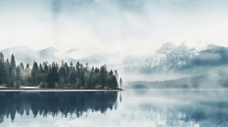 a breathtaking 8k resolution photograph captured by heiner luepke showcasing a serene mountain and lake scene. the image features fog and snow gently blanketing the tree tops, creating a tranquil atmosphere. the light aquamarine and gray color palette adds to the rustic charm of the surroundings. immerse yourself in the grandiose beauty of this calm water landscape. ai generatedの素材