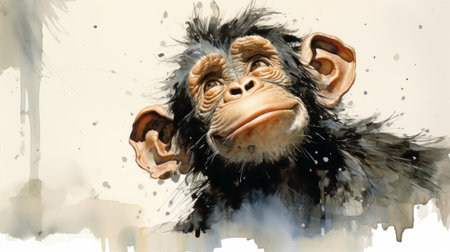 a chimpanzee, inspired by the artistic styles of dustin nguyen, thomas w schaller, and mark lague, playfully adorns his face with a self-drawn portrait. this editorial illustration showcases layered imagery with subtle irony, reminiscent of the artistic movement known as arbeitsrat fr kunst. ai generatedの素材