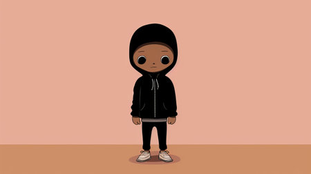 a minimalistic cartoon featuring an androgynous black character wearing a black hoodie. the artwork by john wilhelm showcases a gloomy yet cute and colorful composition with light pink and brown tones. the style is characterized by low contrast, creating a unique visual appeal. ai generatedの素材