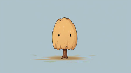 a character with a cartoon-like almond shape is depicted on a paper, surrounded by ethereal trees and minimalist backgrounds. this artwork, created by cody ellingham and inspired by the mushroomcore style of jean-baptiste monge, showcases high resolution and rounded design elements. ai generatedの素材