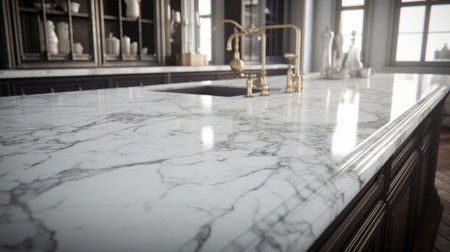 a kitchen countertop covered in detailed hyperrealistic marble, showcasing the elegant inking techniques of the american barbizon school. this uhd image captures the dark white and gold tones, while the back button focus enhances the intricate details. created using unreal engine 5, this countertop exudes an elegant and sophisticated aesthetic. ai generatedの素材