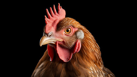 chicken on black background, a close crop, in the style of realistic hyper-detailed portraits. this webcam photograph captures the essence of a national geographic photo, showcasing inventive character designs. the chicken's red and brown feathers stand out against the dark backdrop, with minimal retouching applied. this image is not only visually striking but also infused with social commentary. ai generatedの素材