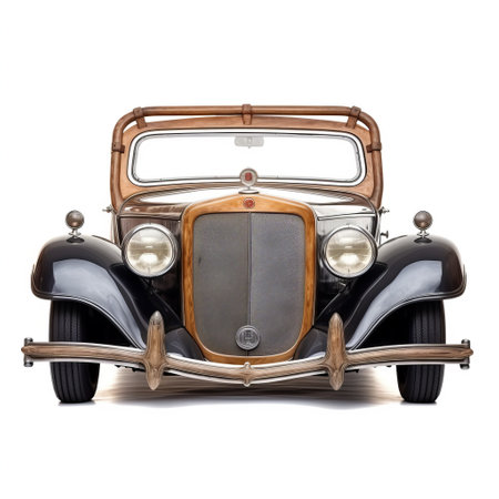front view of a vintage white 1938 mercedes 230s, captured in a photo with an artistically framed composition. the image showcases the car's elegant design, highlighted by the varying wood grains in the background. studio lighting enhances the contrast between the light orange and dark black tones, while thin steel forms add a touch of sophistication. iso 200. ai generatedの素材